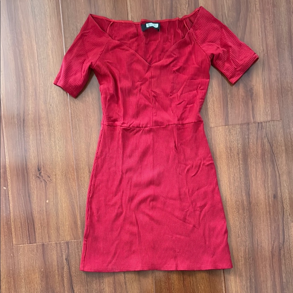 Reformation Red Ribbed bodycon Off-Shoulder sweetheart Mini Dress M Medium S